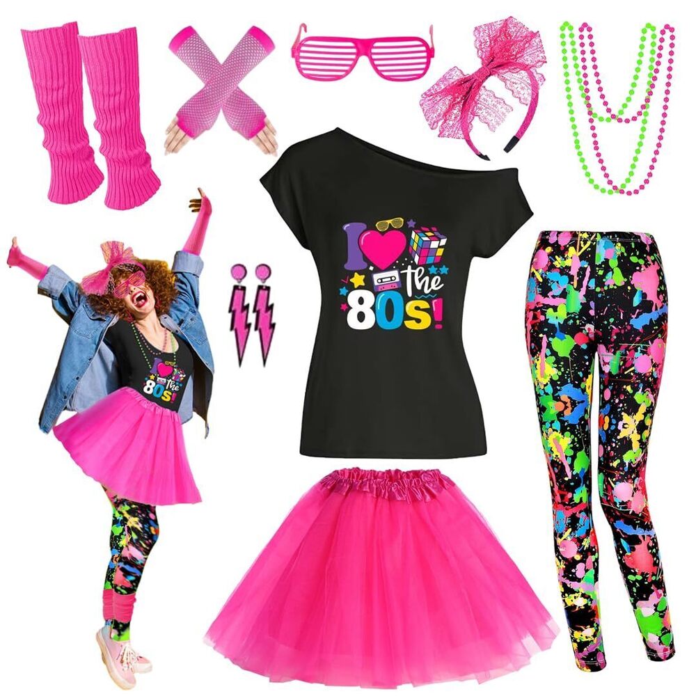 8684 80s Outfit Costume Accessoriess Set T Shirt Leggings Tutu